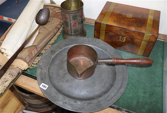 A Victorian walnut writing slope, a pewter charger and sundries